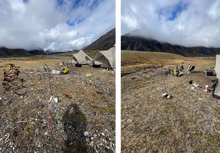 Load image into Gallery viewer, Two views of an alpine hunting camp prote ted by a Bear Sentry electric fence.
