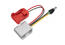 Load image into Gallery viewer, A Milwaukee battery adapter with a red battery bay and multicolored wires including a DC plug.
